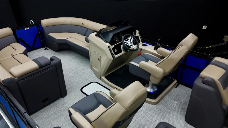 Slide: The Image of Luxurious interior of 2025 Viaggio Lago Z-U boat with plush seating and modern helm. - 24