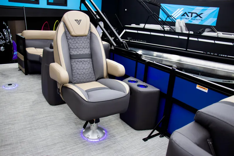 Slide: The Image of Luxurious seating in 2025 Viaggio Lago Z-U boat interior with modern design and ambient lighting. - 7