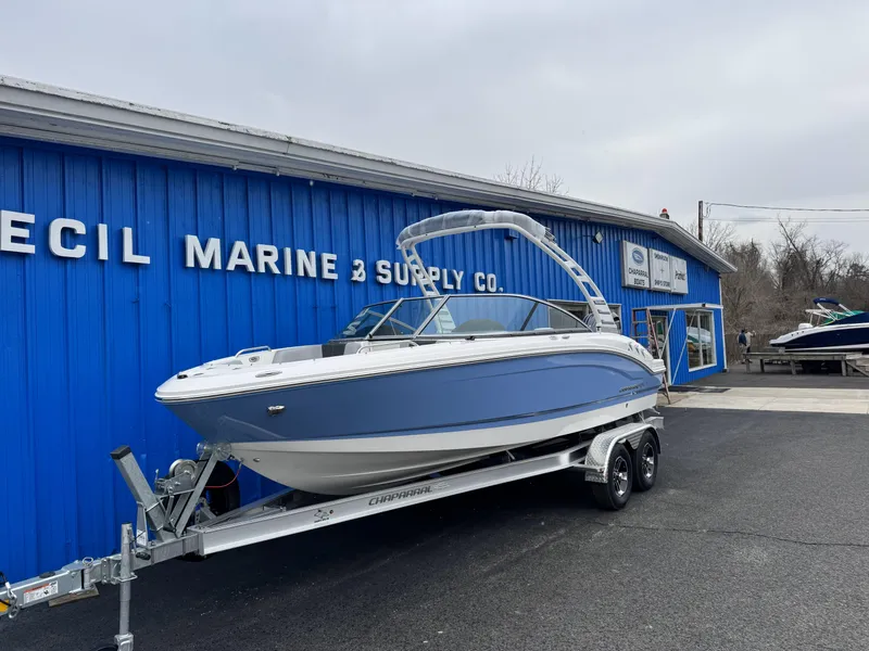 Slide: The Image of 2025 Chaparral 21 SSi OB boat on trailer outside Cecil Marine & Supply Co. - 3