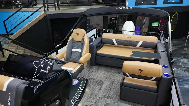 Slide: The Image of Luxurious 2025 Viaggio Lago Z-S boat interior with modern seating and sleek design. - 16