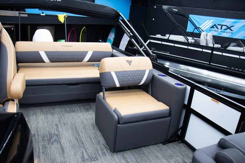 Slide: The Image of Luxurious 2025 Viaggio Lago Z-S boat interior with stylish seating and modern design. - 23