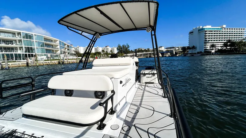 Slide: The Image of 2025 Pontoon Harpoon boat on water, modern design, cityscape background, clear blue sky. - 13