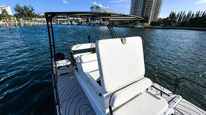Slide: The Image of 2025 Pontoon Harpoon boat on water, featuring sleek design and comfortable seating. - 18
