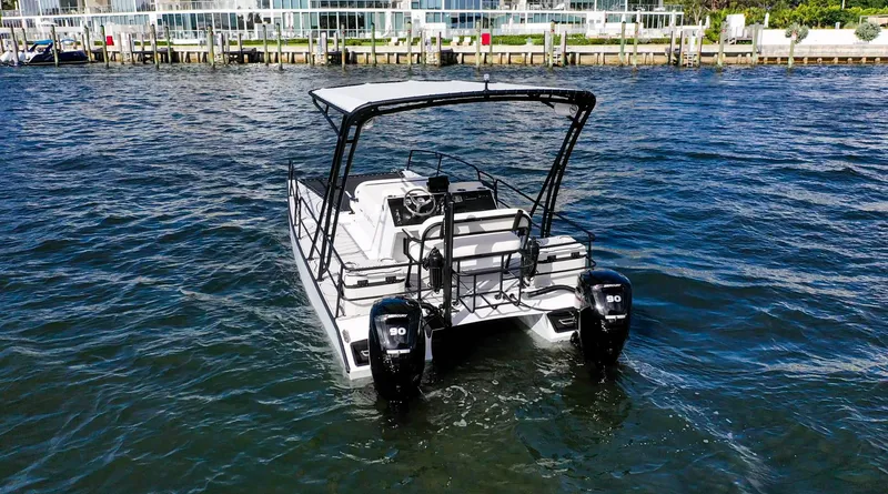 Slide: The Image of 2025 Pontoon Harpoon boat with dual engines on a sunny waterfront. - 2