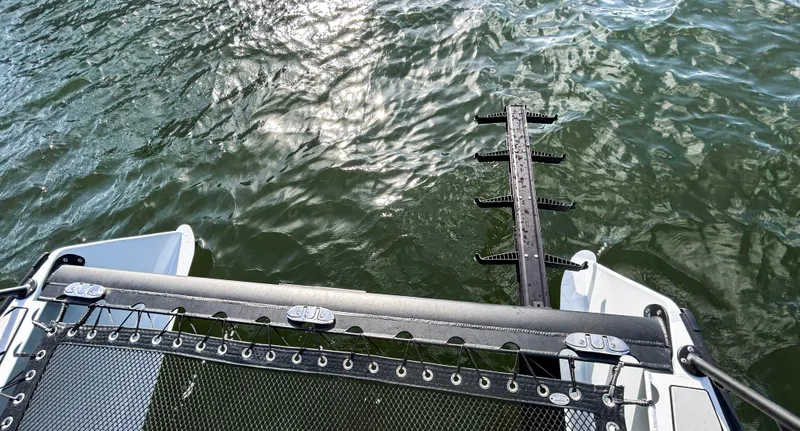 Slide: The Image of 2025 Pontoon Harpoon boat deck with water view and metal ladder. - 25