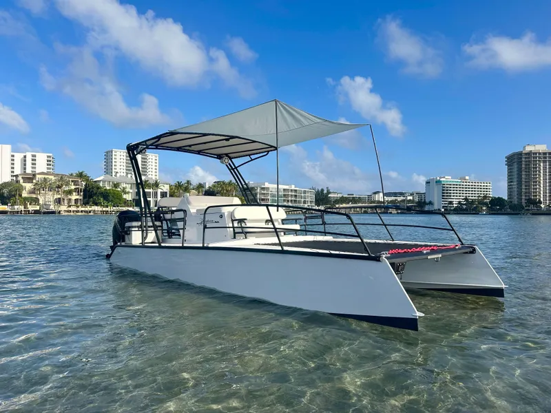 Slide: The Image of 2025 Pontoon Harpoon boat on clear water with city skyline background. - 27