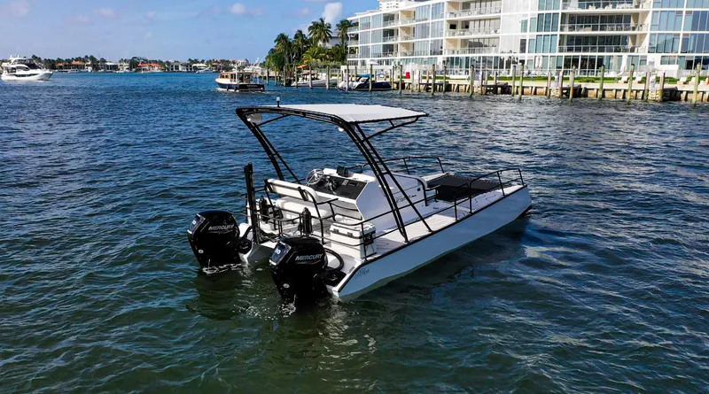 Slide: The Image of 2025 Pontoon Harpoon boat on water near modern waterfront buildings. - 3