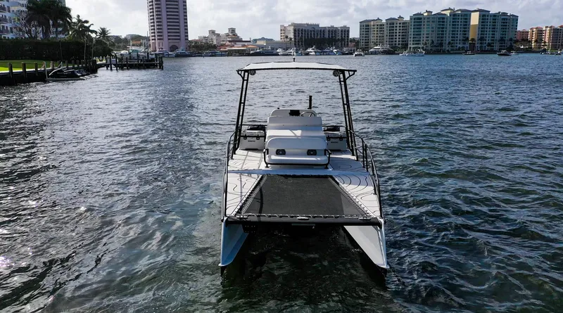 Slide: The Image of 2025 Pontoon Harpoon boat on water with cityscape background. - 6