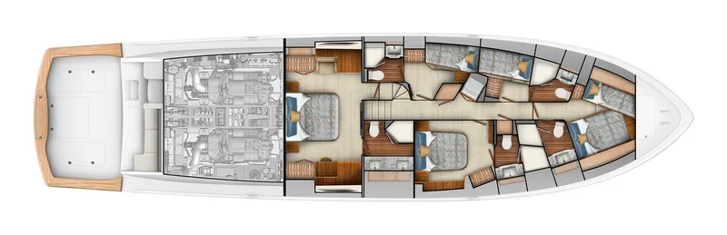 Slide: The Image of Floor plan of a 2027 Viking 82 Convertible yacht, showcasing luxurious cabins and amenities. - 39