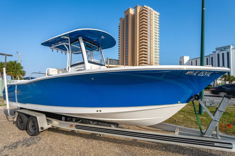 Slide: The Image of 2018 Sea Hunt 255 SE boat on trailer, blue hull, urban background. - 1