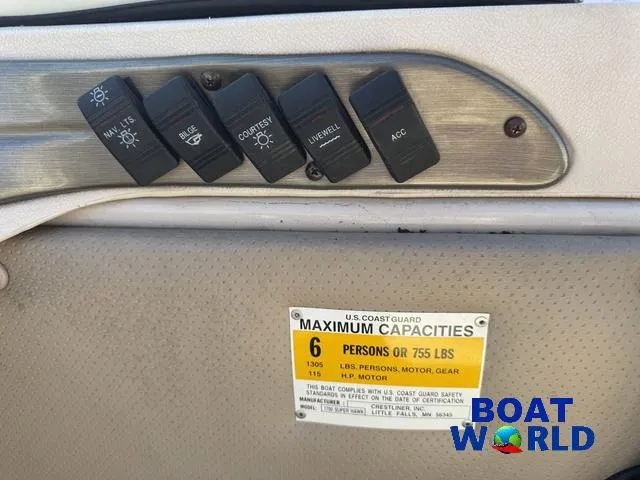 Slide: The Image of Control panel and capacity label on 2002 Crestliner Super Hawk 1700 boat. - 30