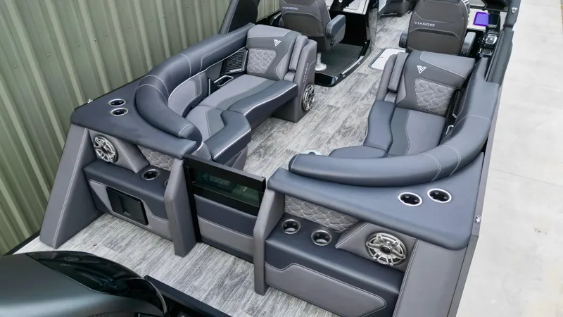 Slide: The Image of Luxurious 2025 Viaggio Diamante UWA boat interior with plush seating and modern design. - 11