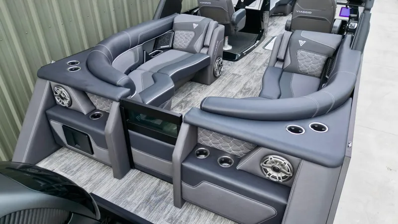 Slide: The Image of Luxurious 2025 Viaggio Diamante UWA boat interior with plush seating and modern design. - 12