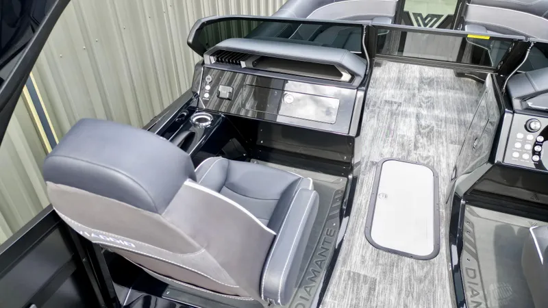 Slide: The Image of 2025 Viaggio Diamante UWA boat interior with modern seating and sleek dashboard design. - 7