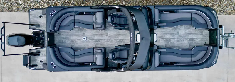 Slide: The Image of Top view of 2025 Viaggio Diamante UWA pontoon boat with sleek seating layout. - 9