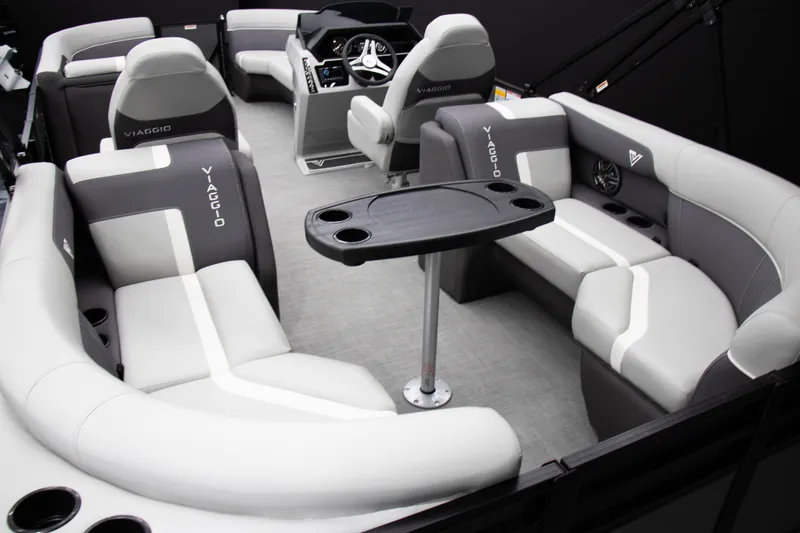 Slide: The Image of Luxurious 2025 Viaggio Lago X-U boat interior with plush seating and modern design. - 13