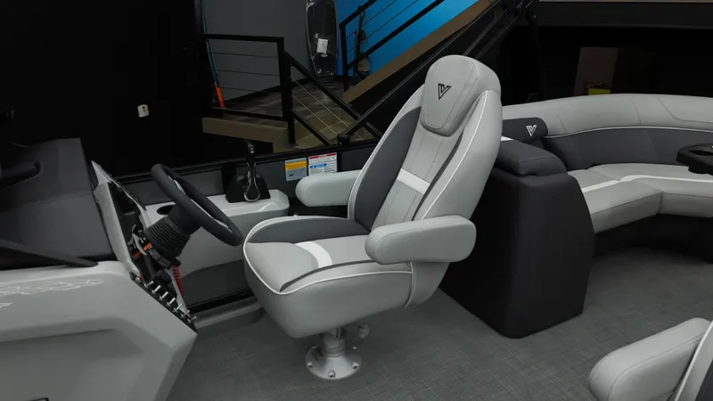 Slide: The Image of 2025 Viaggio Lago X-U boat interior with modern seating and steering console. - 17