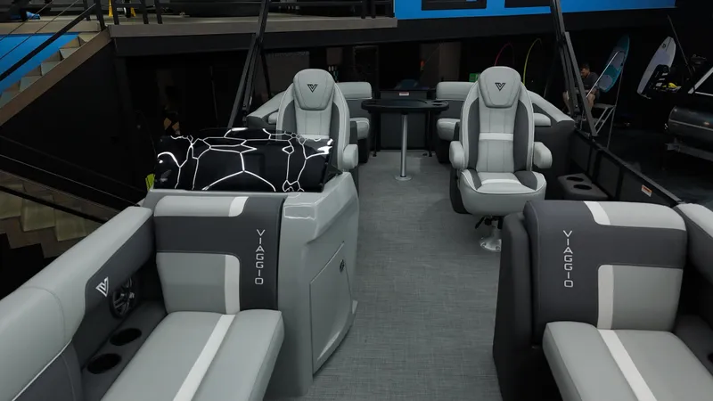 Slide: The Image of Luxurious 2025 Viaggio Lago X-U boat interior with plush seating and modern design. - 18