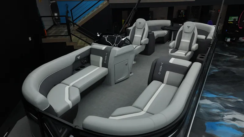 Slide: The Image of Luxurious 2025 Viaggio Lago X-U boat interior with sleek gray seating and modern design. - 20