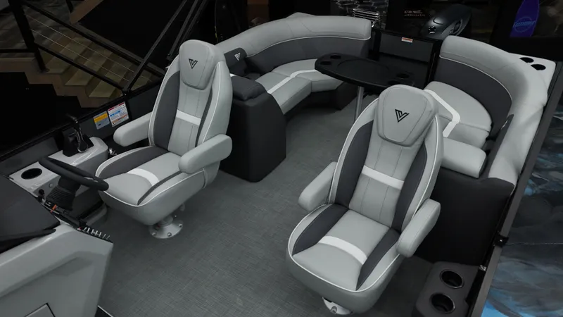 Slide: The Image of Luxurious interior of 2025 Viaggio Lago X-U boat with plush seating and modern design. - 21