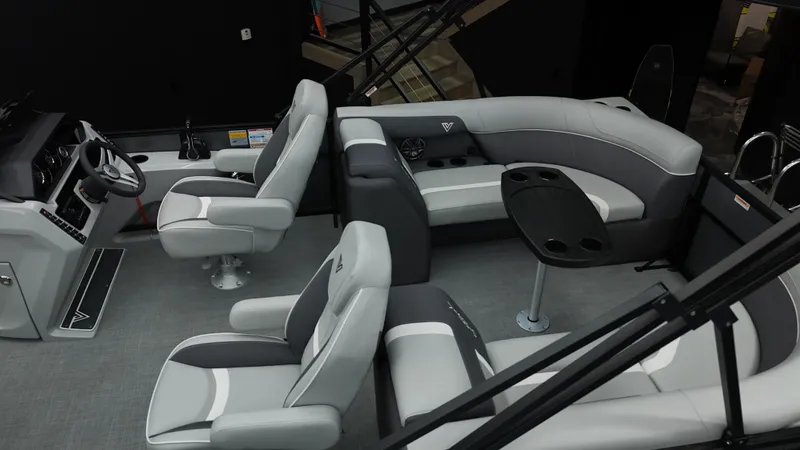 Slide: The Image of 2025 Viaggio Lago X-U boat interior with modern seating and sleek design. - 22