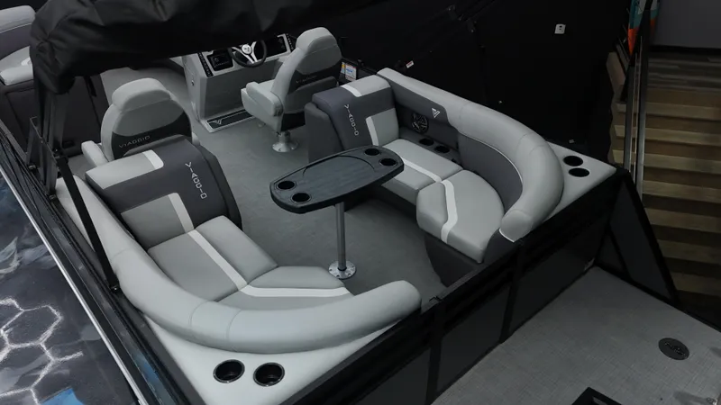 Slide: The Image of Luxurious interior of 2025 Viaggio Lago X-U boat with modern seating and table. - 23