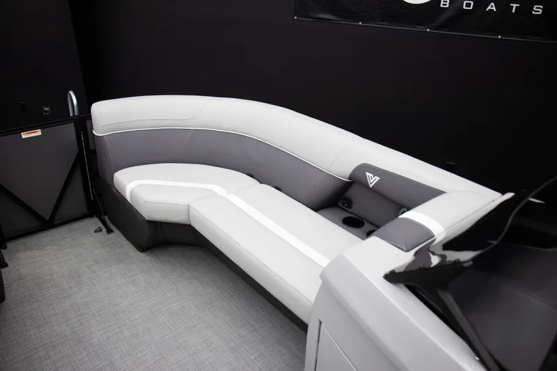 Slide: The Image of Luxurious seating in the 2025 Viaggio Lago X-U boat, featuring sleek gray upholstery. - 6
