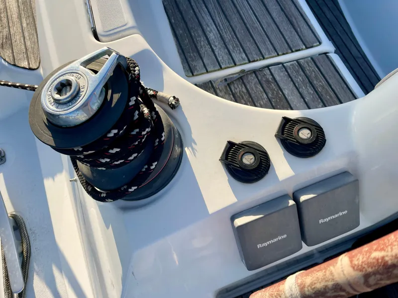 Slide: The Image of Deck equipment on 2008 Jeanneau Sun Odyssey 42 DS sailboat, featuring winch and Raymarine controls. - 12
