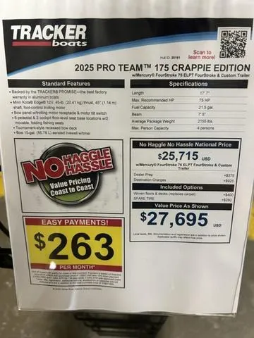 Slide: The Image of 2025 Tracker PT175TF boat pricing details, featuring no-haggle pricing and easy payment options. - 11