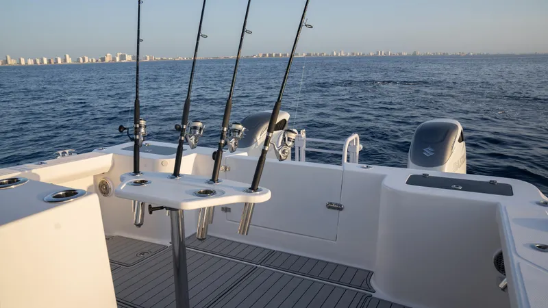 Slide: The Image of 2025 Hammer Yachts HammerCat 35 with fishing rods, ocean view, and city skyline in the background. - 9