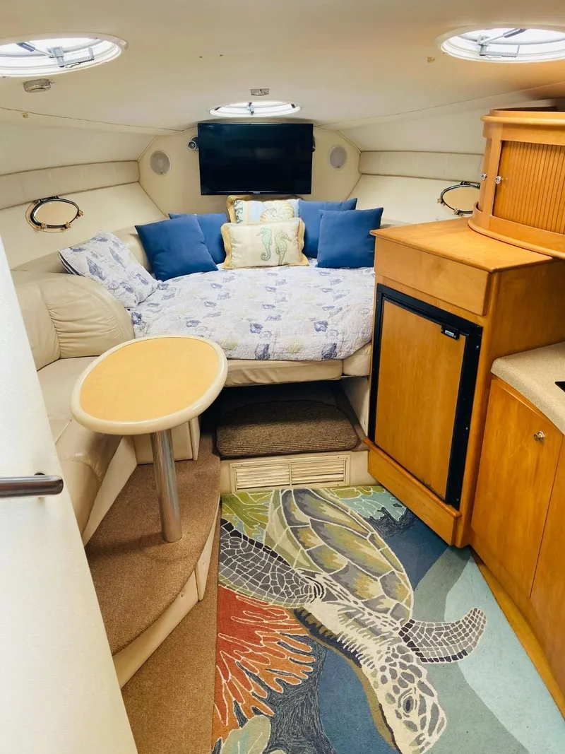 Slide: The Image of Cozy interior of 2003 Larson 310 boat with bed, TV, and turtle-themed rug. - 10