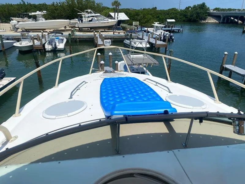 Slide: The Image of 2003 Larson 310 boat docked at marina with blue sun pad on deck. - 3