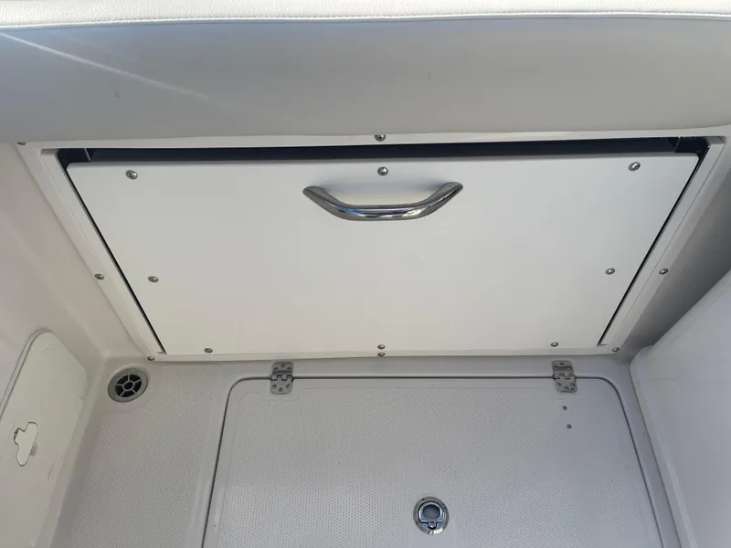 Slide: The Image of 2023 Sailfish 245 DC storage compartment with metal handle and secure latch. - 38