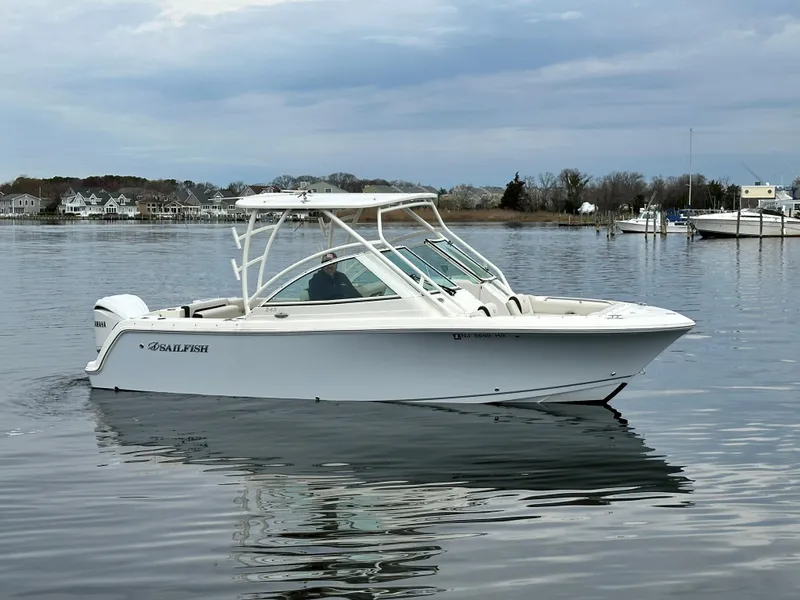 Slide: The Image of 2023 Sailfish 245 DC boat on calm water, overcast sky, coastal background. - 4
