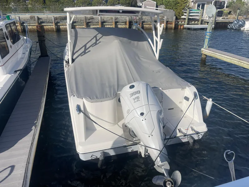 Slide: The Image of 2023 Sailfish 245 DC boat docked, covered, with outboard motor, in a marina setting. - 49