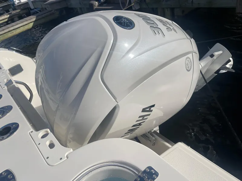 Slide: The Image of 2023 Sailfish 245 DC boat with Yamaha outboard motor, docked on water. - 54