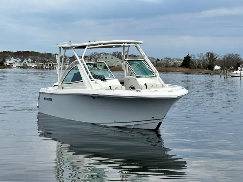 Slide: The Image of 2023 Sailfish 245 DC boat on calm water, showcasing sleek design and modern features. - 8