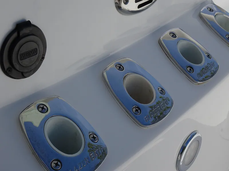 Slide: The Image of Close-up of 2019 Blazer Bay 2400 boat rod holders and fittings. - 20