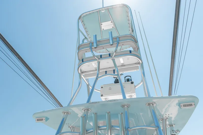 Slide: The Image of 2017 SeaHunter 35 Tournament boat tower against clear blue sky. - 14