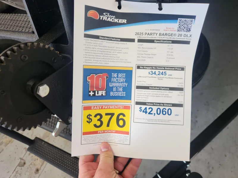 Slide: The Image of 2025 Sun Tracker Party Barge 20 DLX brochure with pricing and warranty details. - 8