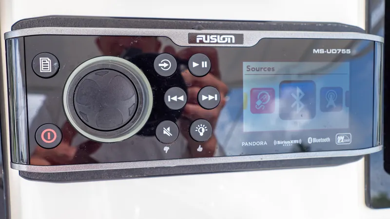 Slide: The Image of Fusion MS-UD755 marine stereo on 2008 Intrepid 370 Cuddy boat dashboard. - 16