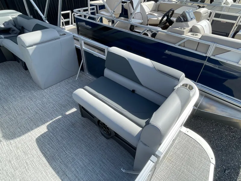 Slide: The Image of 2025 Tahoe Pontoon 1980 Sport Cruise with gray seating and modern design. - 10