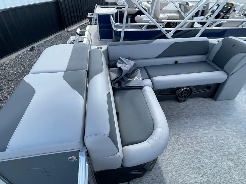 Slide: The Image of 2025 Tahoe Pontoon 1980 SPORT CRUISE interior with gray seating and modern design. - 15