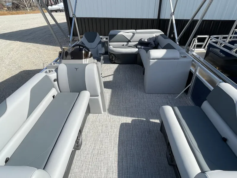 Slide: The Image of 2025 Tahoe Pontoon 1980 SPORT CRUISE interior with gray seating and spacious layout. - 8