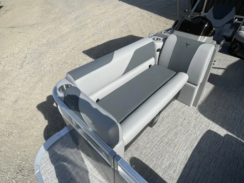 Slide: The Image of 2025 Tahoe Pontoon 1980 SPORT CRUISE interior seating, featuring sleek gray upholstery. - 9