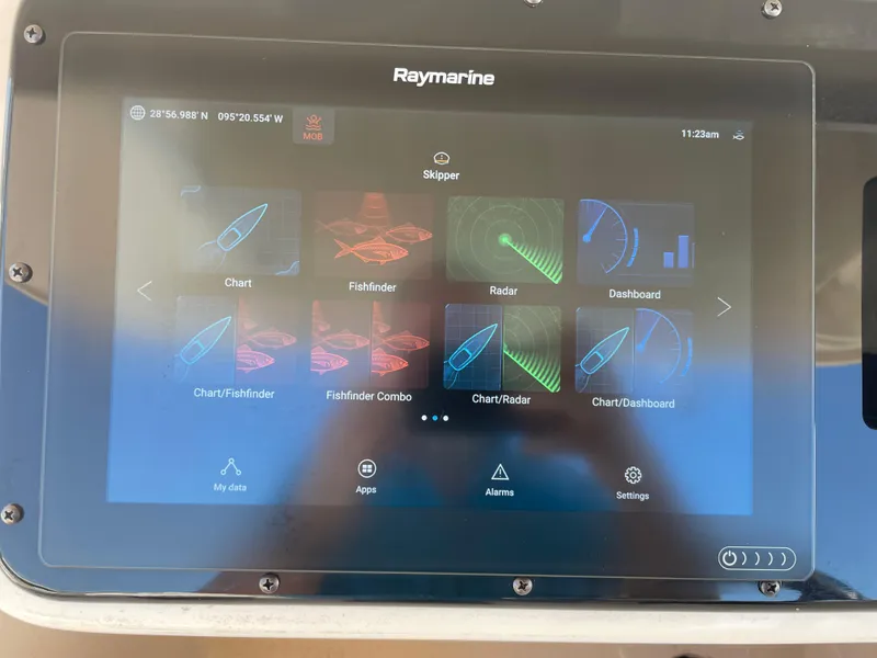 Slide: The Image of Raymarine navigation display on 2008 Grady-White Canyon 336 boat, showing chart, fishfinder, and radar. - 30