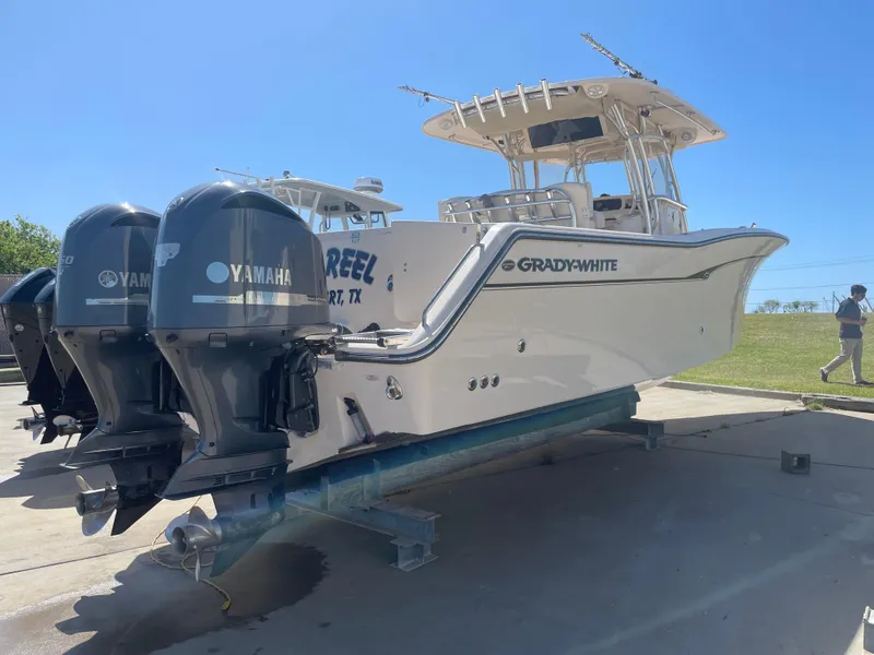 Slide: The Image of 2008 Grady-White Canyon 336 boat with Yamaha engines on a trailer. - 6