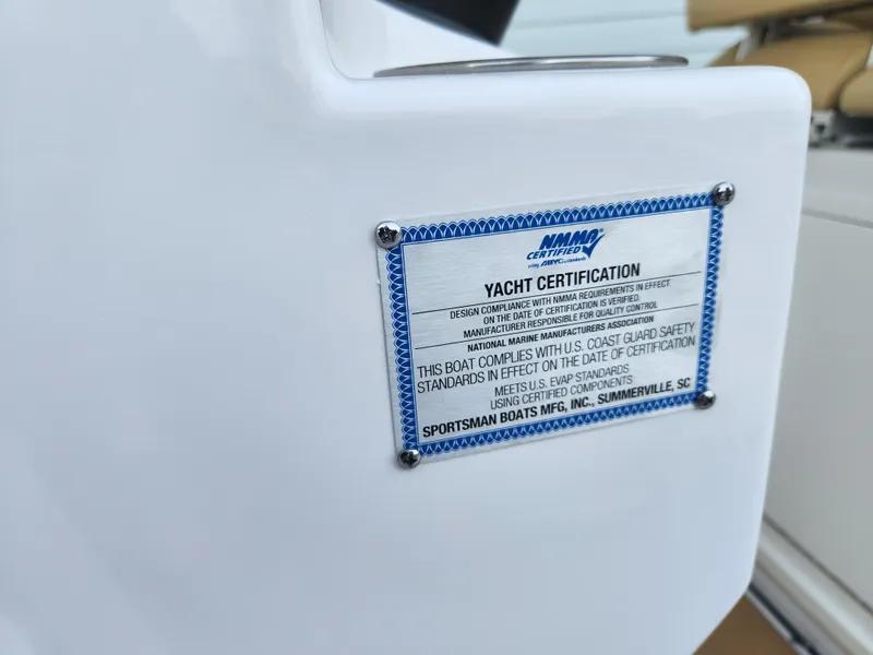 Slide: The Image of 2025 Sportsman Open 262 Center Console yacht certification plaque on white surface. - 35