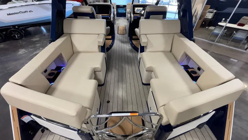 Slide: The Image of Luxurious interior of 2025 Balise Helix 26C boat with beige seating and modern design. - 13
