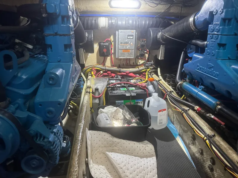 Slide: The Image of Engine room of 2007 Silverton 33 Convertible with visible machinery and wiring. - 54